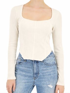 Just Polly Ribbed Cream Long Sleeve Corset Top Medium